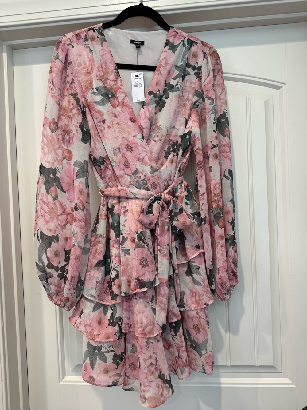 Express Women's Pink Floral Wrap Dress with Tie Waist